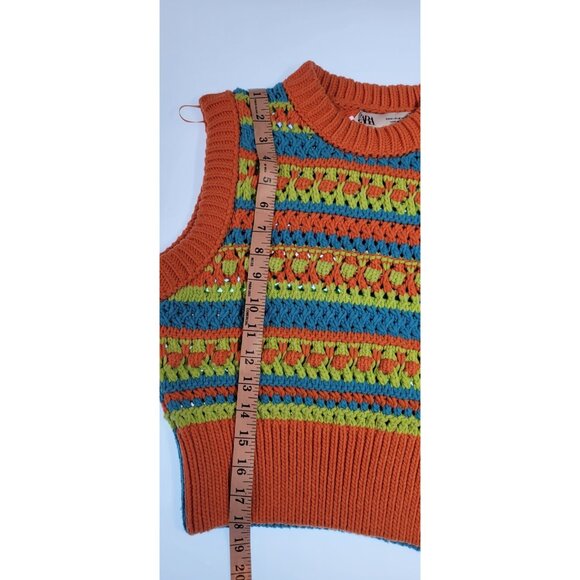 ZARA WOMEN COLORBLOCK VEST TEXTURI SZ MEDIUM COLOR ORANGE/GREEN CROPED - Picture 9 of 10